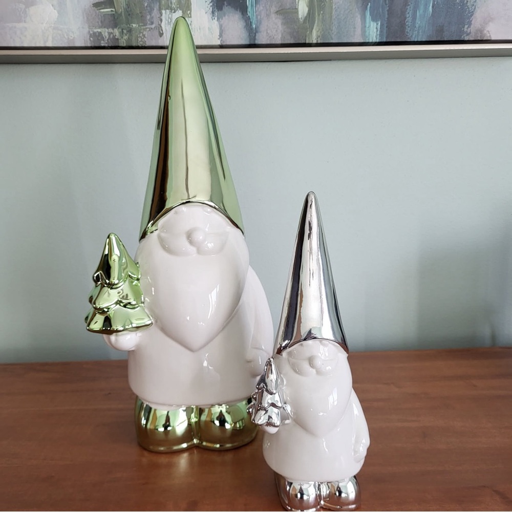 Ceramic Holiday Gnome Set - Green and Silver